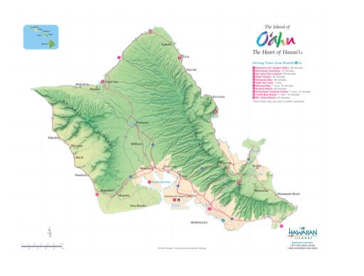 Driving Map of Oʻahu (Oahu) in Hawaii. Published by the Hawaii Visitors & Convention Bureau.