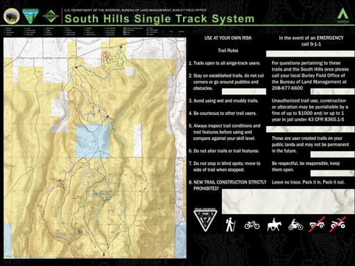 Map of South Hills Single Track System in Indaho. Published by the Bureau of Land Management (BLM).