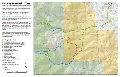 Trails Map of the Mackay Mine Hill Tour in the BLM Challis Field Office area in Idaho. Published by the Bureau of Land Management (BLM).