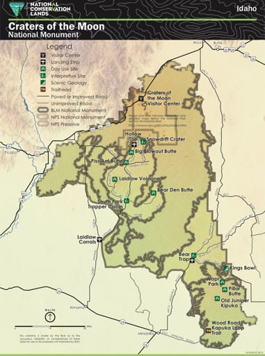 Visitor Map of Craters of the Moon National Monument (NM) in Idaho. Published by the Bureau of Land Management (BLM).