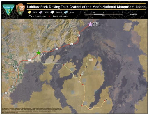 Map of the Laidlaw Park Driving Tour at Craters of the Moon National Monument (NM) in Idaho. Published by the Bureau of Land Management (BLM).