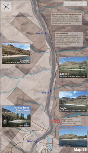 Map 36 of the Lower Salmon River Guide in Idaho. Published by the Bureau of Land Management (BLM).