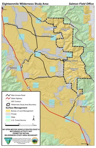 Visitor Map of Eighteenmile Wilderness Study Area (WSA) in the BLM Salmon Field Office area in Idaho. Published by the Bureau of Land Management (BLM).