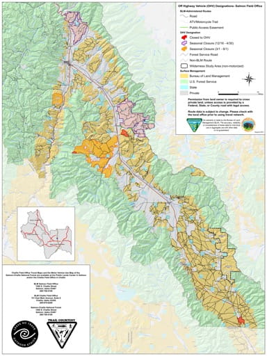 Map of Off Highway Vehicle (OHV) Designations in the BLM Salmon Field Office area in Idaho. Published by the Bureau of Land Management (BLM).