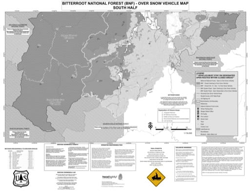 Southern part of the Over Snow Vehicle Use Map (OSVUM) of Bitterroot National Forest (NF) in Idaho. Published by the U.S. Forest Service (USFS).