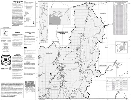 Motor Vehicle Use Map (MVUM) of the eastern Cascade Ranger District in Boise National Forest (NF) in Idaho. Published by the U.S. Forest Service (USFS).