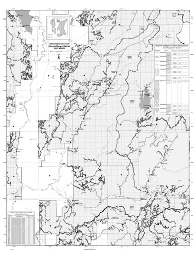 Motor Vehicle Use Map (MVUM) of the eastern Emmett Ranger District in Boise National Forest (NF) in Idaho. Published by the U.S. Forest Service (USFS).