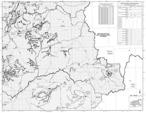 Motor Vehicle Use Map (MVUM) of the eastern Idaho City Ranger District in Boise National Forest (NF) in Idaho. Published by the U.S. Forest Service (USFS).