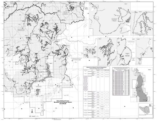 Motor Vehicle Use Map (MVUM) of the eastern Mountain Home Ranger District in Boise National Forest (NF) in Idaho. Published by the U.S. Forest Service (USFS).