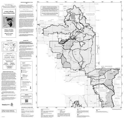 Over Snow Vehicle Use Map (OSVUM) of Ashton/Island Park in Caribou-Targhee National Forest (NF) in Idaho and Wyoming. Published by the U.S. Forest Service (USFS).
