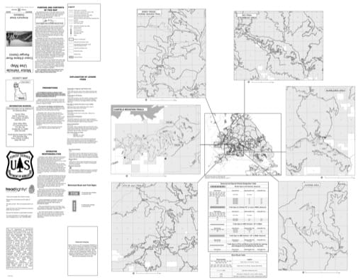 Back side of the Motor Vehicle Use Map (MVUM) of Coeur d’Alene River in Idaho Panhandle National Forest (NF) in Idaho. Published by the U.S. Forest Service (USFS).