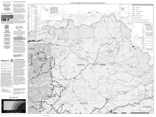 Winter Motor Vehicle Use Map (MVUM) of North Fork in Nez Perce-Clearwater National Forest (NF) in Idaho. Published by the U.S. Forest Service (USFS).