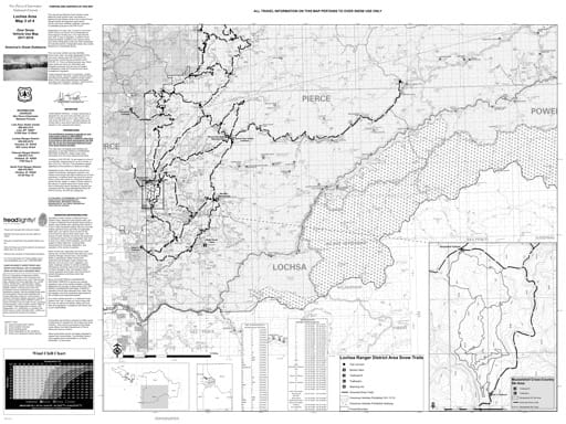 Winter Motor Vehicle Use Map (MVUM) of Lochsa in Nez Perce-Clearwater National Forest (NF) in Idaho. Published by the U.S. Forest Service (USFS).