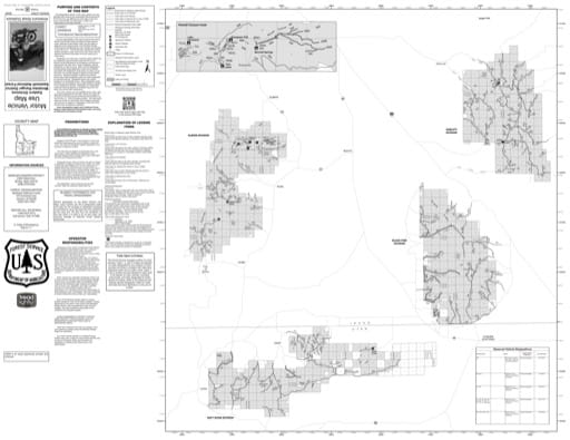 Motor Vehicle Use Map (MVUM) of the Eastern Part - Albion, Black Pine, Raft River & Sublett Divisions - of Minidoka Ranger District in Sawtooth National Forest (NF) in Idaho and Utah. Published by the U.S. Forest Service (USFS).,