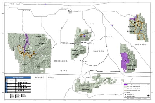 Southern part of Winter Visitor Map of Sawtooth National Forest (NF) in Idaho. Published by the U.S. Forest Service (USFS).