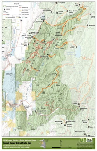 Map of Emmett Ranger District East Trails in Boise National Forest (NF) in Idaho. Published by the U.S. Forest Service (USFS).