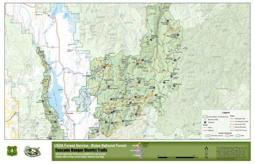 Map of Cascade Ranger District Trails in Boise National Forest (NF) in Idaho. Published by the U.S. Forest Service (USFS).