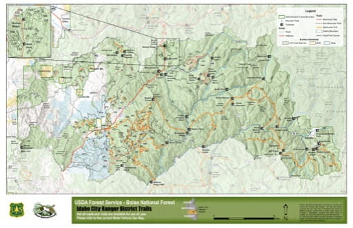 Map of Idaho City Ranger District Trails in Boise National Forest (NF) in Idaho. Published by the U.S. Forest Service (USFS).