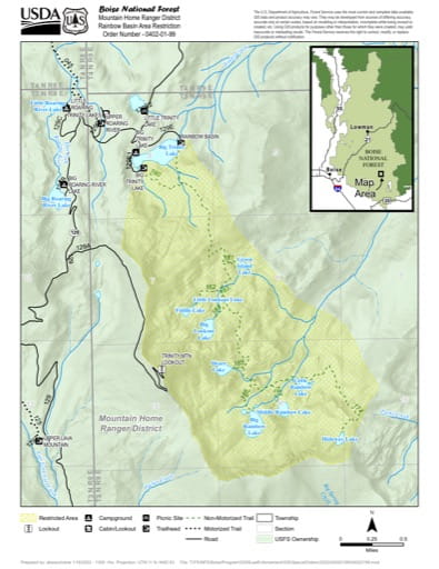 Trails Map of Rainbow Basin Area in Mountain Home Ranger District in Boise National Forest (NF) in Idaho. Published by the U.S. Forest Service (USFS).