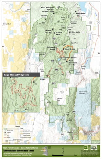 Map of Emmett Ranger District West Trails in Boise National Forest (NF) in Idaho. Published by the U.S. Forest Service (USFS).