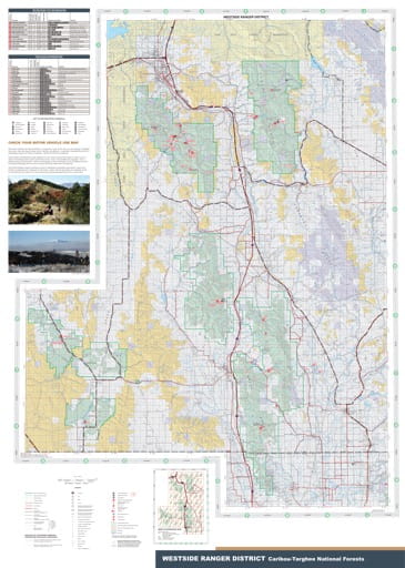 Recreation map of Westside Ranger District in Caribou-Targhee National Forest (NF) in Idaho. Published by the U.S. Forest Service (USFS).