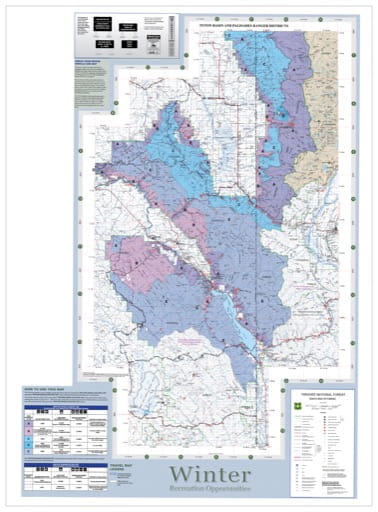 Map of Winter Recreation Opportunities in Teton Basin and Palisades Ranger Districts (RD) in Caribou-Targhee National Forest (NF) in Idaho and Wyoming. Published by the U.S. Forest Service (USFS).