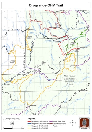Off-Highway Vehicle (OHV) Trails Map of Orogrande OHV Trail in Nez Perce-Clearwater National Forest (NF) in northcentral Idaho. Published by the U.S. Forest Service (USFS).