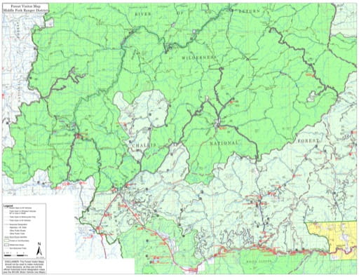 Visitor Map of Middle Fork Ranger District of Salmon-Challis National Forest (NF) in Idaho. Published by the U.S. Forest Service (USFS).