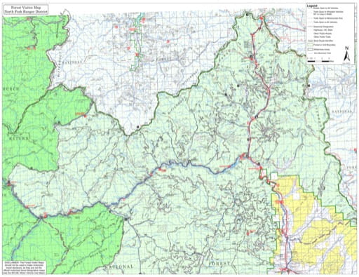 Visitor Map of North Fork Ranger District of Salmon-Challis National Forest (NF) in Idaho. Published by the U.S. Forest Service (USFS).