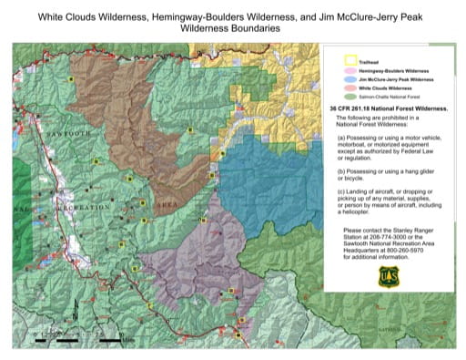 Map of White Clouds Wilderness, Hemingway-Boulders Wilderness, and Jim McClure-Jerry Peak Wilderness Boundaries in Idaho. Published by the U.S. Forest Service (USFS).