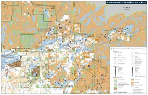 Map of Burntside and Bear Island State Forests (SF) in Minnesota. Published by the Minnesota Department of Natural Resources (MNDNR).