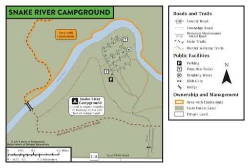 Map of Snake River Campground in Chengwatana State Forest (SF) in Minnesota. Published by the Minnesota Department of Natural Resources (MNDNR).