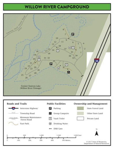 Map of Willow River Campground in General C.C. Andrews State Forest (SF) in Minnesota. Published by the Minnesota Department of Natural Resources (MNDNR).