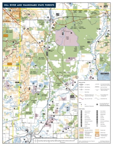 Map of Hill River and Waukenabo State Forests (SF) in Minnesota. Published by the Minnesota Department of Natural Resources (MNDNR).
