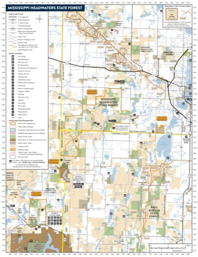 Map of Mississippi Headwaters State Forest (SF) in Minnesota. Published by the Minnesota Department of Natural Resources (MNDNR).