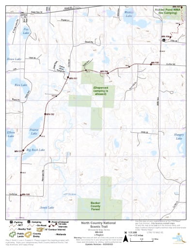 Map Series of the North Central Minnesota section of the North Country National Scenic Trail (NST) in Michigan, Minnesota, North Dakota, New York, Ohio, Pennsylvania, Vermont and Wisconsin. Published by the North Country Trail Association (NCTA).