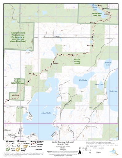 Map Series of the North Central Minnesota section of the North Country National Scenic Trail (NST) in Michigan, Minnesota, North Dakota, New York, Ohio, Pennsylvania, Vermont and Wisconsin. Published by the North Country Trail Association (NCTA).