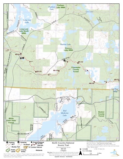 Map Series of the North Central Minnesota section of the North Country National Scenic Trail (NST) in Michigan, Minnesota, North Dakota, New York, Ohio, Pennsylvania, Vermont and Wisconsin. Published by the North Country Trail Association (NCTA).