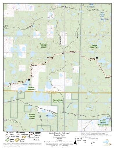 Map Series of the North Central Minnesota section of the North Country National Scenic Trail (NST) in Michigan, Minnesota, North Dakota, New York, Ohio, Pennsylvania, Vermont and Wisconsin. Published by the North Country Trail Association (NCTA).