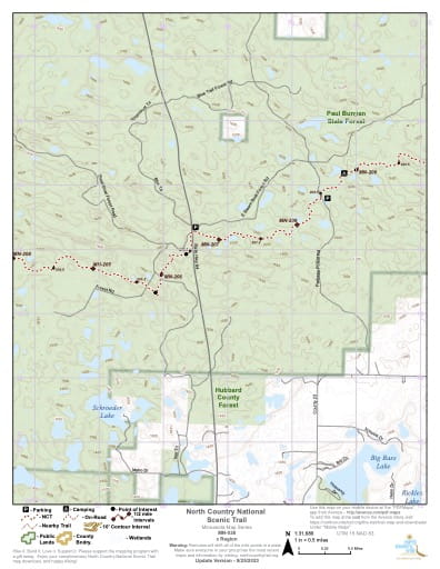Map Series of the North Central Minnesota section of the North Country National Scenic Trail (NST) in Michigan, Minnesota, North Dakota, New York, Ohio, Pennsylvania, Vermont and Wisconsin. Published by the North Country Trail Association (NCTA).