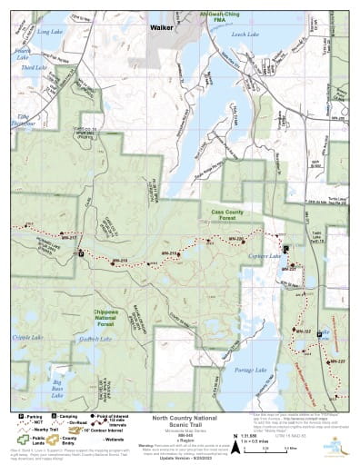 Map Series of the North Central Minnesota section of the North Country National Scenic Trail (NST) in Michigan, Minnesota, North Dakota, New York, Ohio, Pennsylvania, Vermont and Wisconsin. Published by the North Country Trail Association (NCTA).