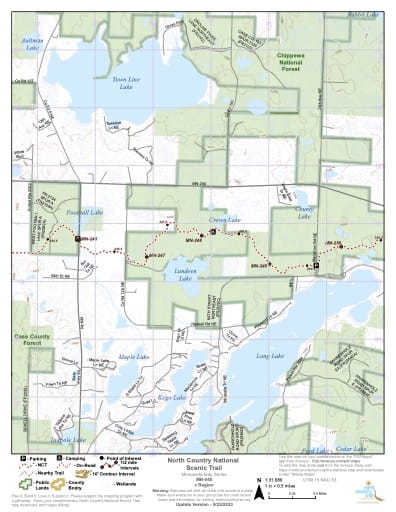 Map Series of the North Central Minnesota section of the North Country National Scenic Trail (NST) in Michigan, Minnesota, North Dakota, New York, Ohio, Pennsylvania, Vermont and Wisconsin. Published by the North Country Trail Association (NCTA).