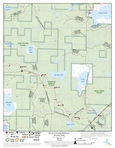 Map Series of the North Central Minnesota section of the North Country National Scenic Trail (NST) in Michigan, Minnesota, North Dakota, New York, Ohio, Pennsylvania, Vermont and Wisconsin. Published by the North Country Trail Association (NCTA).