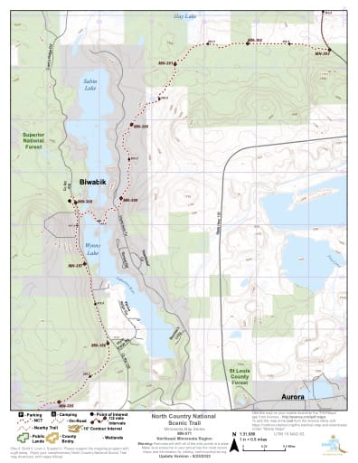 Map Series of the Northeast Minnesota section of the North Country National Scenic Trail (NST) in Michigan, Minnesota, North Dakota, New York, Ohio, Pennsylvania, Vermont and Wisconsin. Published by the North Country Trail Association (NCTA).