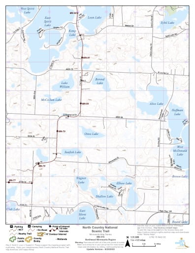 Map Series of the Northwest Minnesota section of the North Country National Scenic Trail (NST) in Michigan, Minnesota, North Dakota, New York, Ohio, Pennsylvania, Vermont and Wisconsin. Published by the North Country Trail Association (NCTA).