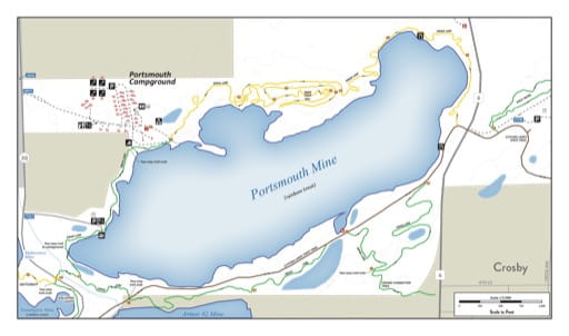 Visitor Map of the Portsmouth area of Cuyuna Country State Recreation Area (SRA) in Minnesota. Published by the Minnesota Department of Natural Resources (MNDNR).
