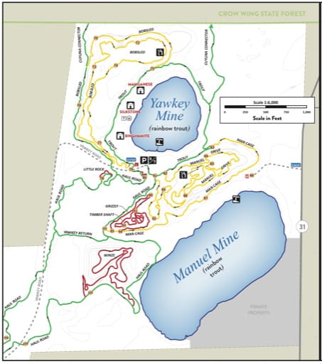 Visitor Map of the Yawkey Mine area of Cuyuna Country State Recreation Area (SRA) in Minnesota. Published by the Minnesota Department of Natural Resources (MNDNR).