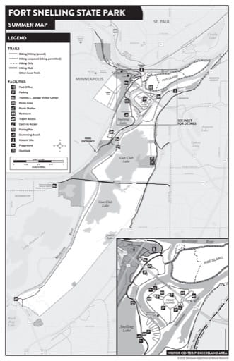 Summer Visitor Map of Fort Snelling State Park (SP) in Minnesota. Published by the Minnesota Department of Natural Resources (MNDNR).