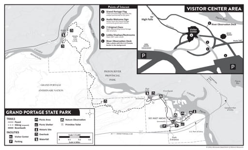 Visitor Map of Grand Portage State Park (SR) in Minnesota. Published by the Minnesota Department of Natural Resources (MNDNR).