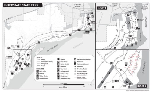 Visitor Map of Interstate State Park (SP) in Minnesota. Published by the Minnesota Department of Natural Resources (MNDNR).